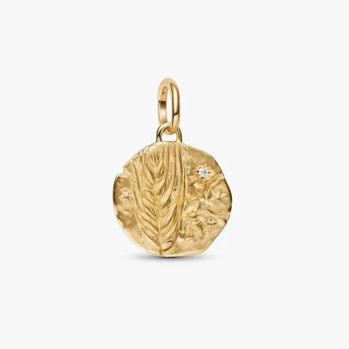 PANDORA Wheat Medallion Charm in 14k gold-plated sterling silver with VIRTUS VERA PROSPERITAS engraving