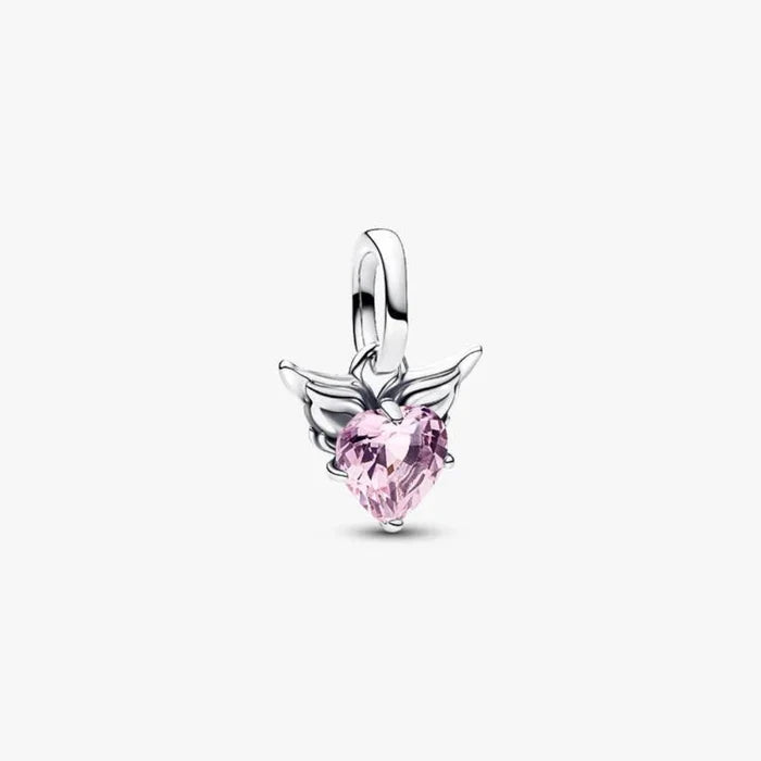 Sterling silver winged heart mini dangle charm with orchid pink crystal