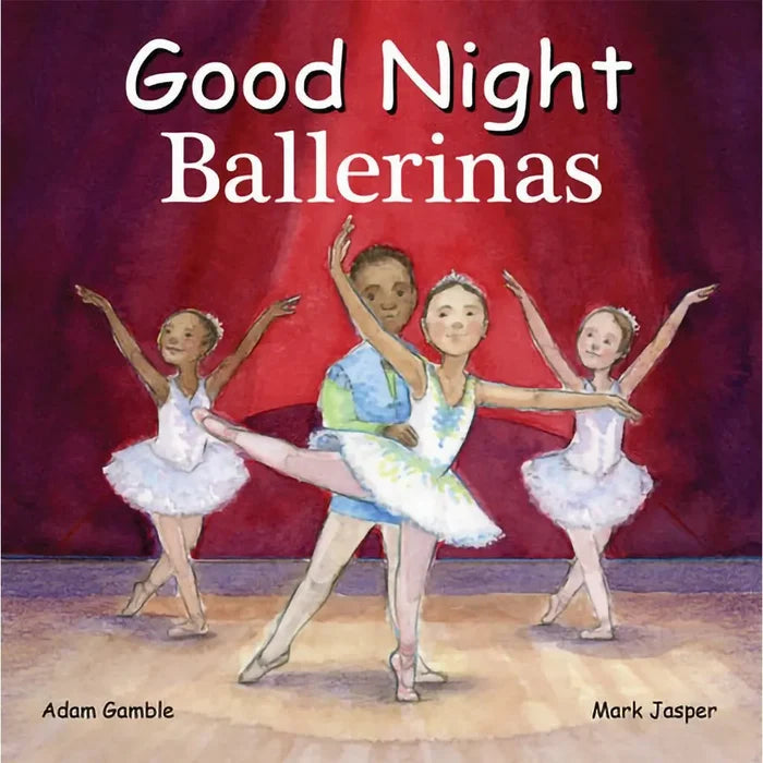 Book cover of 'Good Night Ballerinas' with illustrations of ballerinas on a red background.