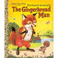 Book cover of 'The Gingerbread Man' by Richard Scarry with a fox character and gingerbread man on a yellow background.
