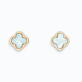 These Periwinkle Aqua Clover Inlay with Gold Earrings features a graceful clover-inspired design with a beautiful aqua inlay framed by a warm gold-tone finish.