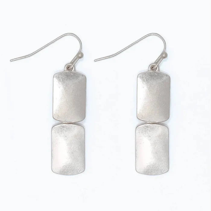 Burnished silver rectangle dangle earrings with a sleek textured metallic finish