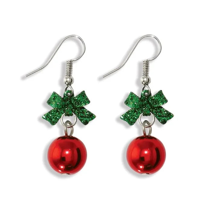 Periwinkle fancy green glitter bow earrings featuring sparkling green bow designs, perfect for Christmas parties, holiday outfits, and festive gifting.