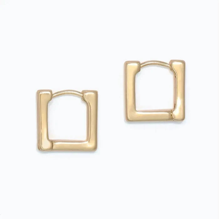 Periwinkle trendy gold square huggie earrings with a sleek geometric silhouette and polished finish