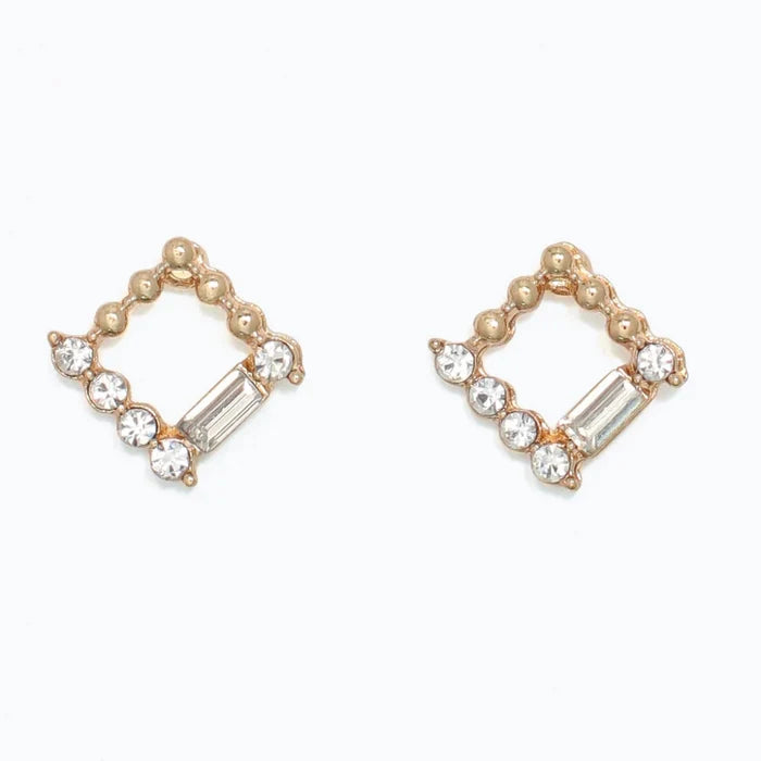 These Periwinkle Gold Square with Crystal Earrings features a sleek square-inspired design accented with shimmering crystal details.