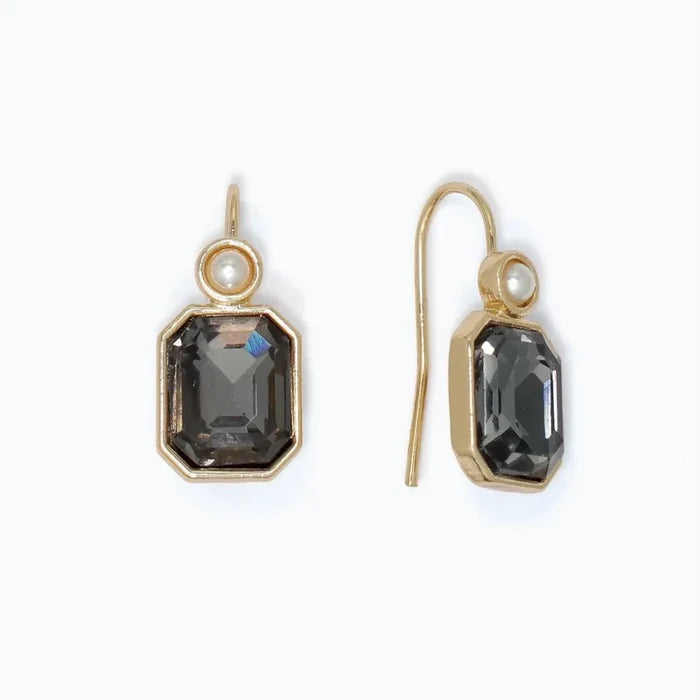 Periwinkle gray crystal earrings with elegant pearl accents and a sophisticated design