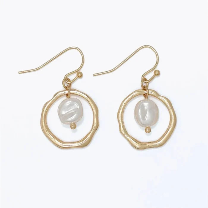Hammered gold ring earrings featuring elegant pearl drops and textured metallic detailing
