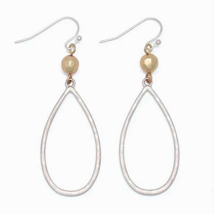 Periwinkle matte silver teardrop earrings with gold bead accents and a stylish two-tone design