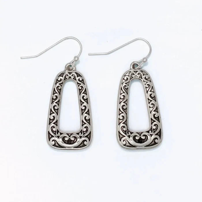 Open silver filigree drop earrings featuring an intricate openwork design