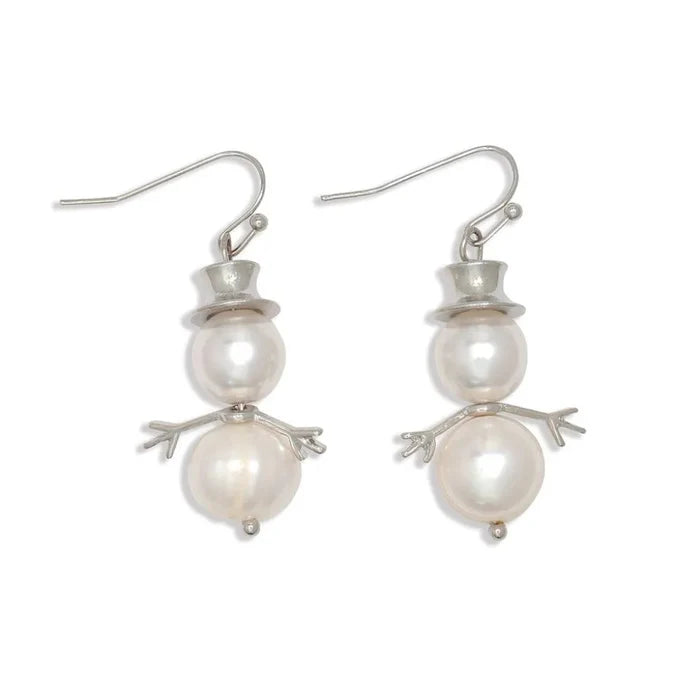Periwinkle pearl snowmen earrings featuring elegant silver hats and festive snowman details, perfect for winter and holiday outfits.