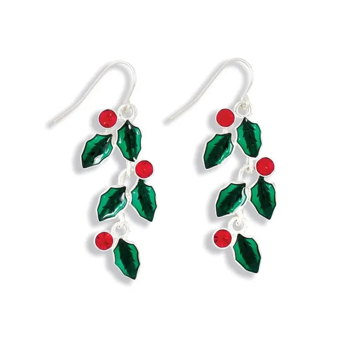 Periwinkle red crystal and enamel holly earrings featuring festive holly details for a sparkling Christmas and holiday look.