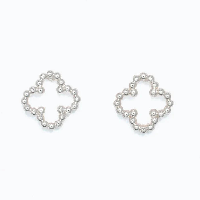 These Periwinkle Silver Beaded Clover Earrings features a graceful clover-inspired shape with intricate silver beaded detailing.