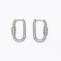Silver carabiner hoop earrings featuring sparkling crystal accents and a modern design