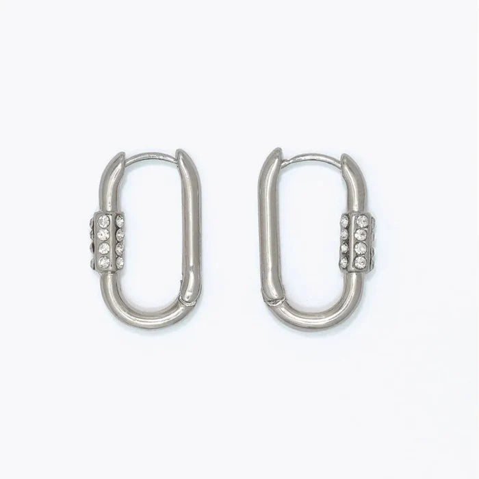 Silver carabiner hoop earrings featuring sparkling crystal accents and a modern design