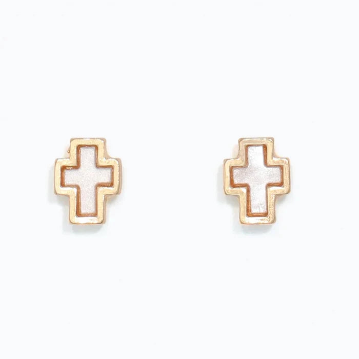 These Periwinkle White Cross Inlay with Gold Earrings make a stunning faith-inspired statement.