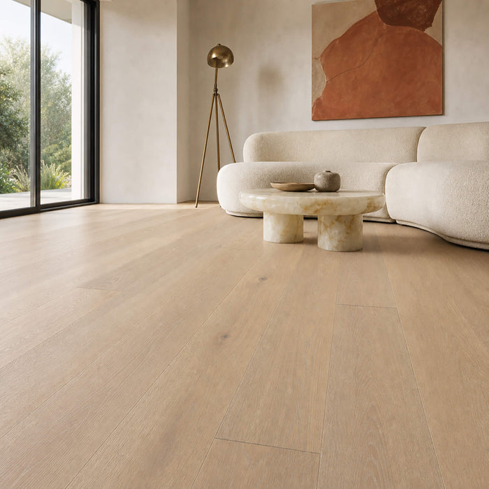 Modern living room with Potters Grey Oak Matt Lacquered 190mm engineered wood flooring, neutral furniture, and large windows.