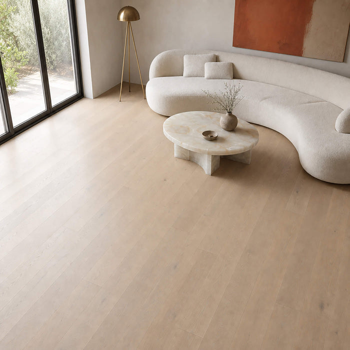 Potters Grey Oak Matt Lacquered 190mm engineered wood flooring in a modern living room setting.