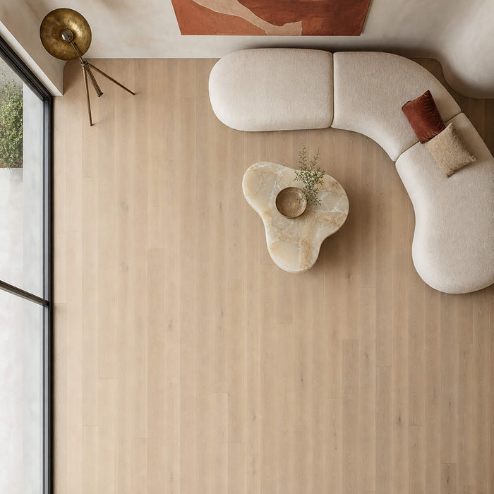 Elevated view of Potters Grey Oak Matt Lacquered 190mm engineered wood flooring.