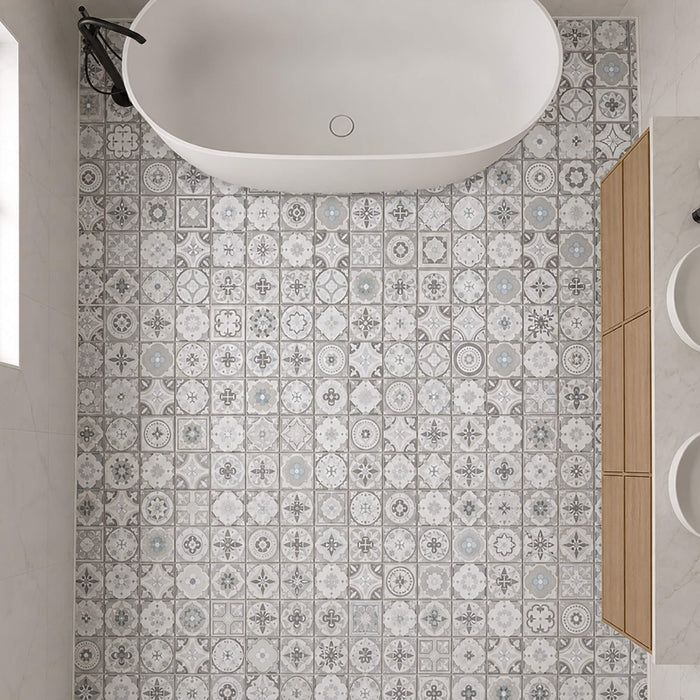 Elevated view of a Renaissance Rigid LVT tile flooring in a bathroom setting.