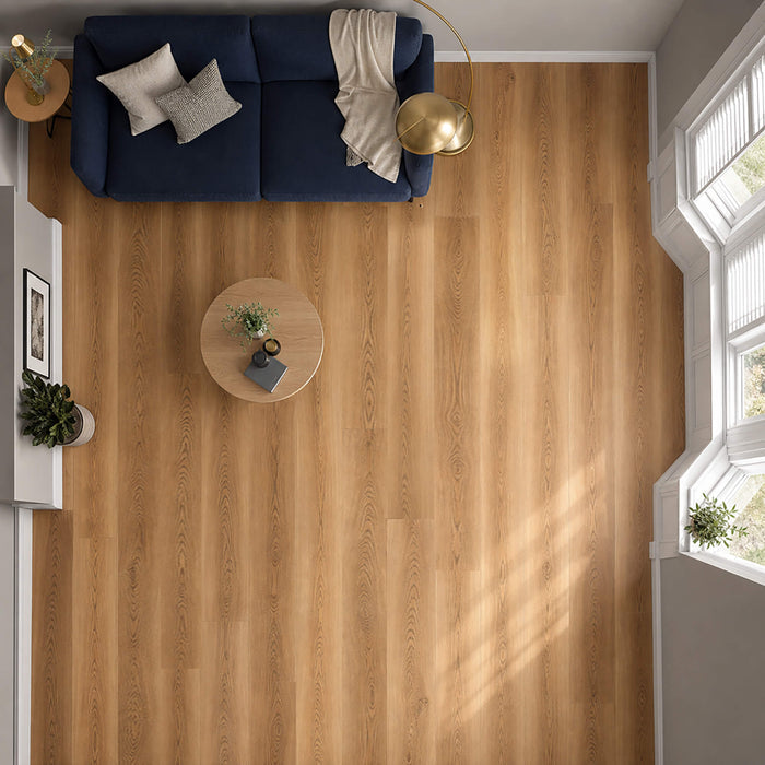 Elevated view of Sable Oak Prestige Plus laminate flooring in a living room setting.