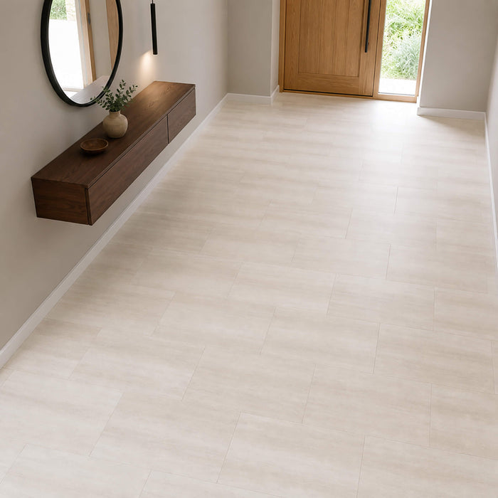 Modern hallway home interior with Sandstone Rigid LVT tile flooring.