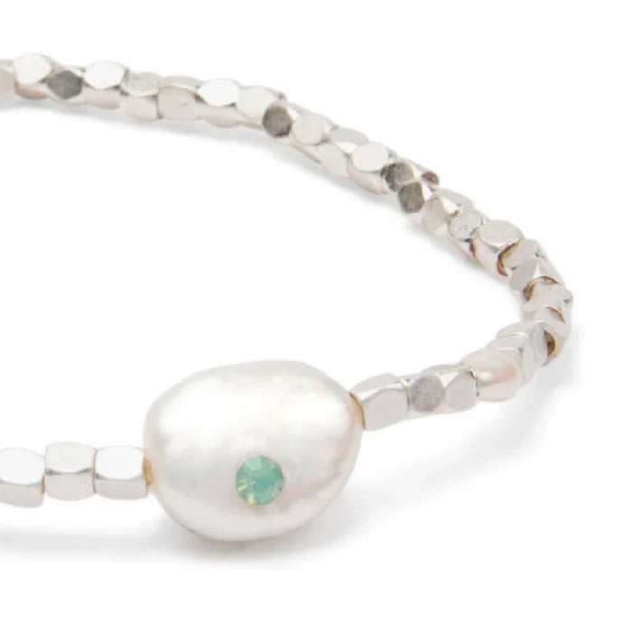 A stylish bracelet made of white pearls interspersed with vibrant green stones, ideal for formal occasions.