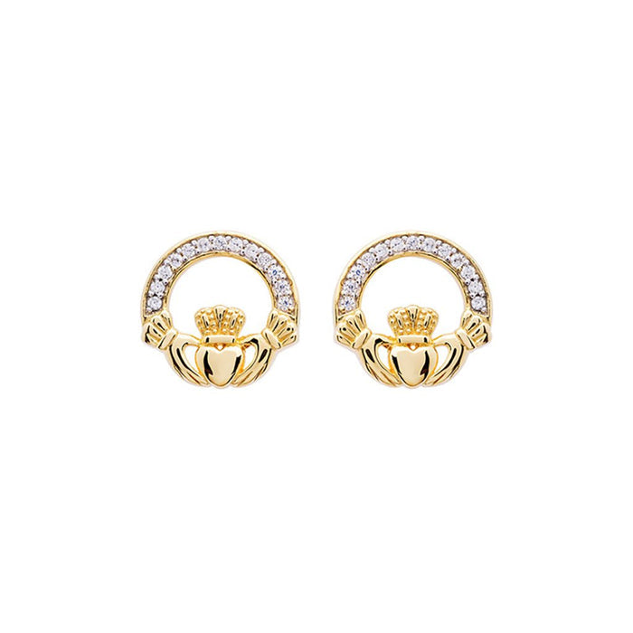 Shanore : 14KT Gold Vermeil Stud Claddagh Earrings Adorned with White Cubic Zirconias - Shanore : 14KT Gold Vermeil Stud Claddagh Earrings Adorned with White Cubic Zirconias