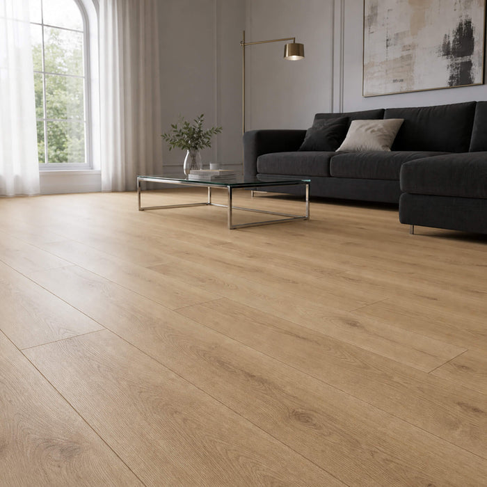 Sherwood Oak laminate flooring in a modern living room setting.