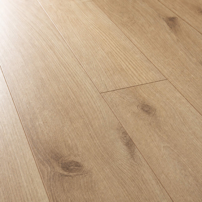 Close-up of the grain and texture of Sherwood Oak laminate flooring.