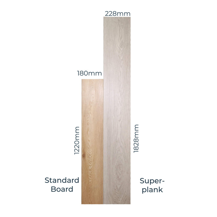 Comparison of standard board and Siberian Oak Rigid LVT flooring super plank dimensions on a white background