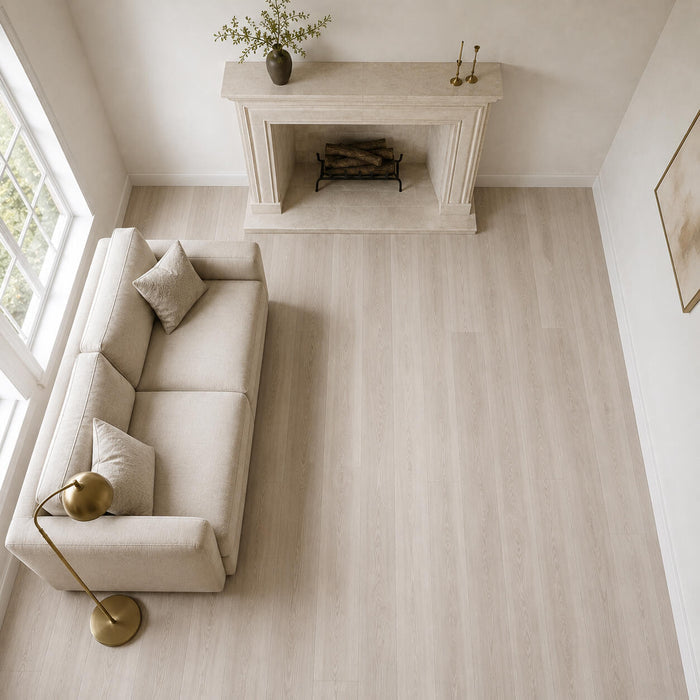 Elevated view of a modern living room with Siberian Oak Rigid LVT flooring.