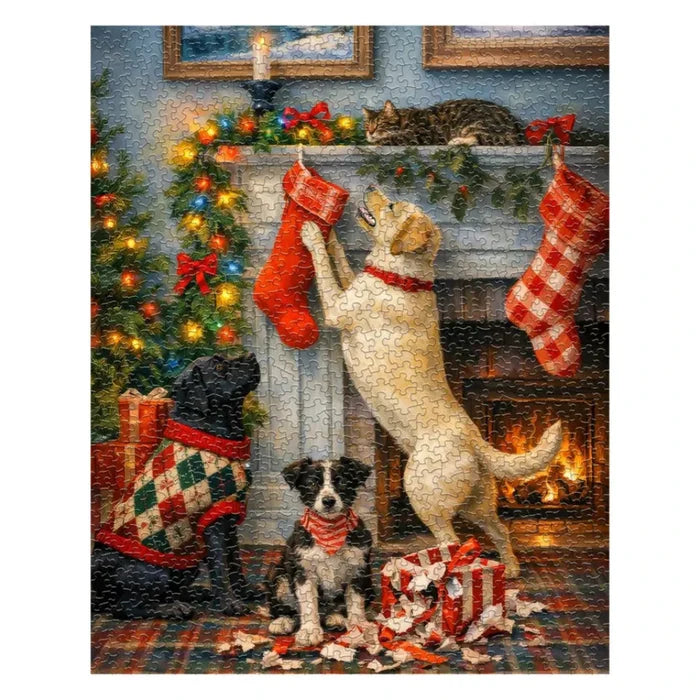 Springbok Christmas Morning Surprise 500-piece jigsaw puzzle featuring a festive Christmas morning scene