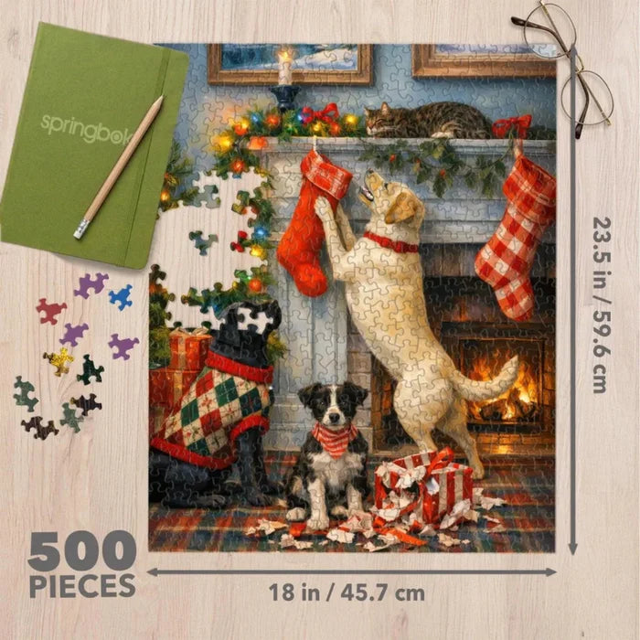 Springbok Christmas Morning Surprise 500-piece jigsaw puzzle featuring a festive Christmas morning scene