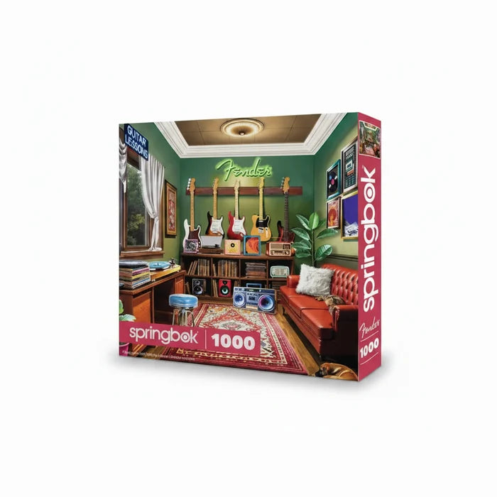 This Springbok Fender Guitar Lessons 1000 Piece Jigsaw Puzzle features a vibrant Fender-themed design packed with color and detail.