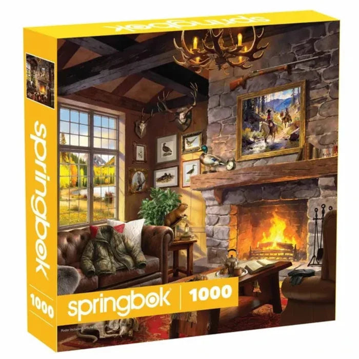 This Springbok Hunting Retreat 1000 Piece Jigsaw Puzzle captures a serene hunting lodge scene