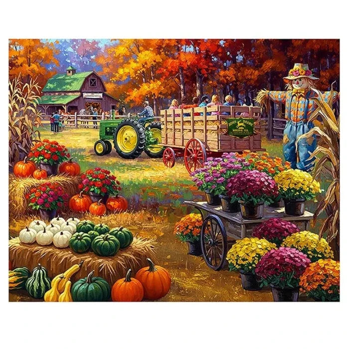 Springbok John Deere Pumpkin Patch 1000-piece jigsaw puzzle featuring a colorful fall farm scene