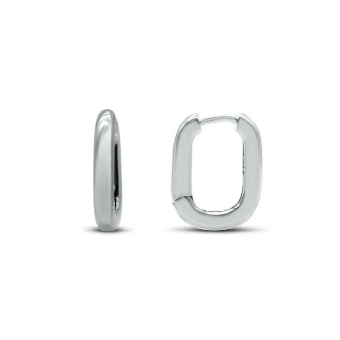 A pair of elegant silver plated hoop earrings displayed against a neutral background.
