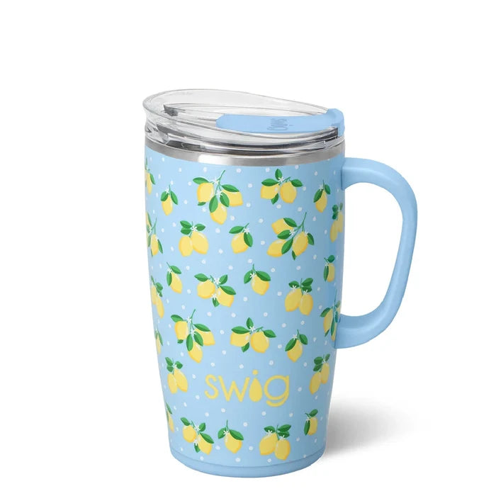 A blue mug featuring a vibrant lemon print, showcasing a cheerful and refreshing design.