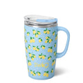 A blue mug featuring a vibrant lemon print, showcasing a cheerful and refreshing design.