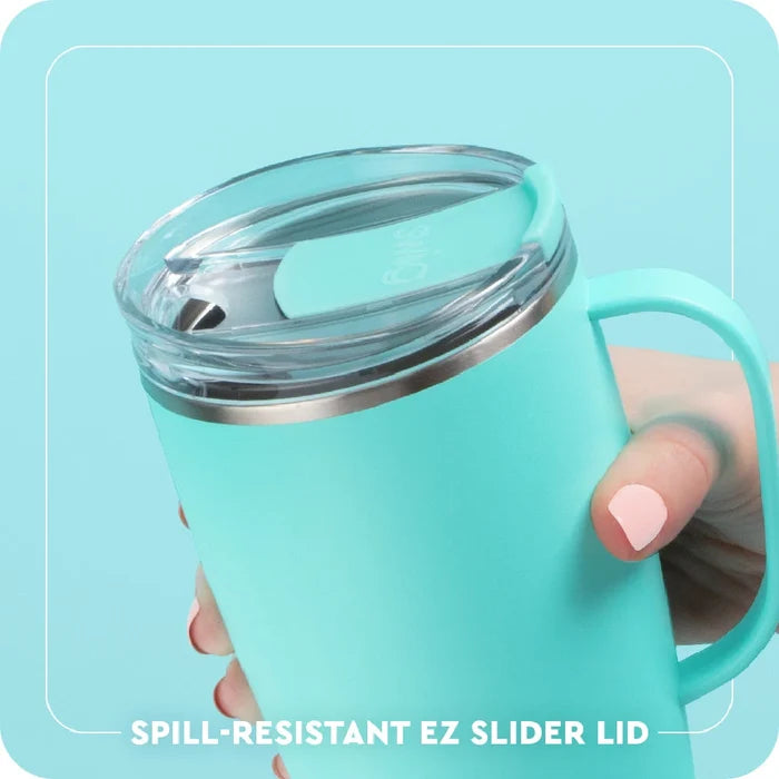 A blue mug showcasing a bright lemon print, ideal for a refreshing drink experience.