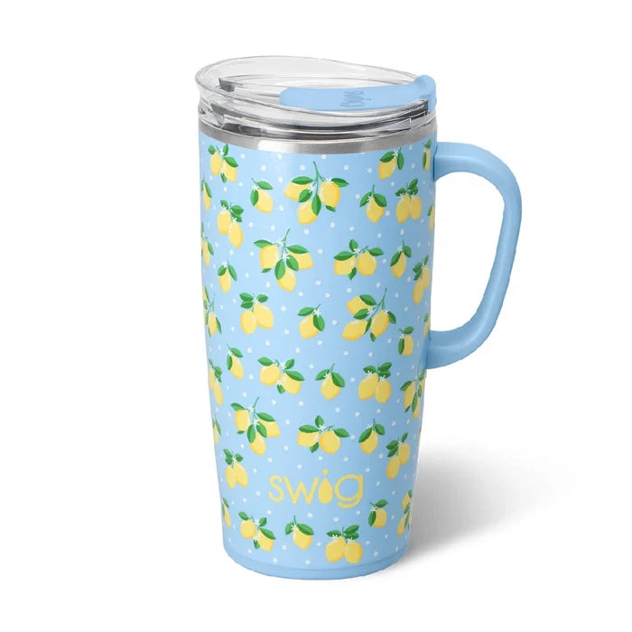 A blue travel mug featuring a vibrant lemon print design.