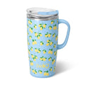 A blue travel mug featuring a vibrant lemon print design.