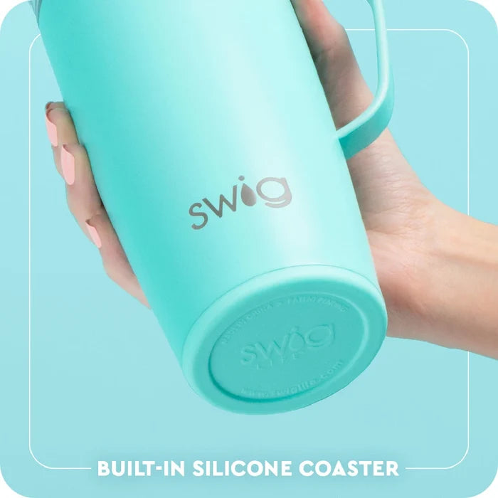 A blue travel mug showcasing a lively lemon print.