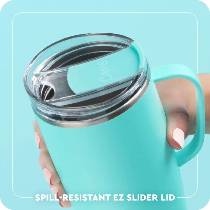 A blue travel mug decorated with a fresh lemon design.