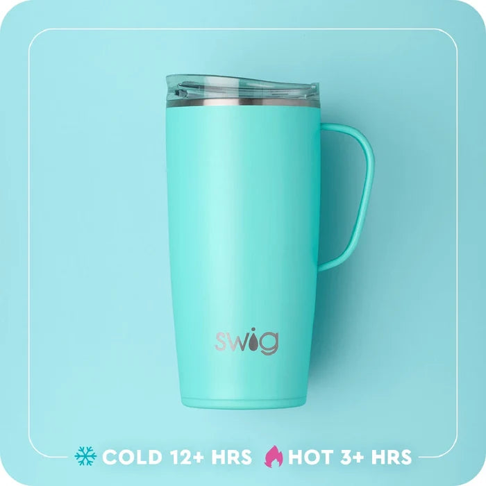 A blue travel mug with a playful lemon motif.