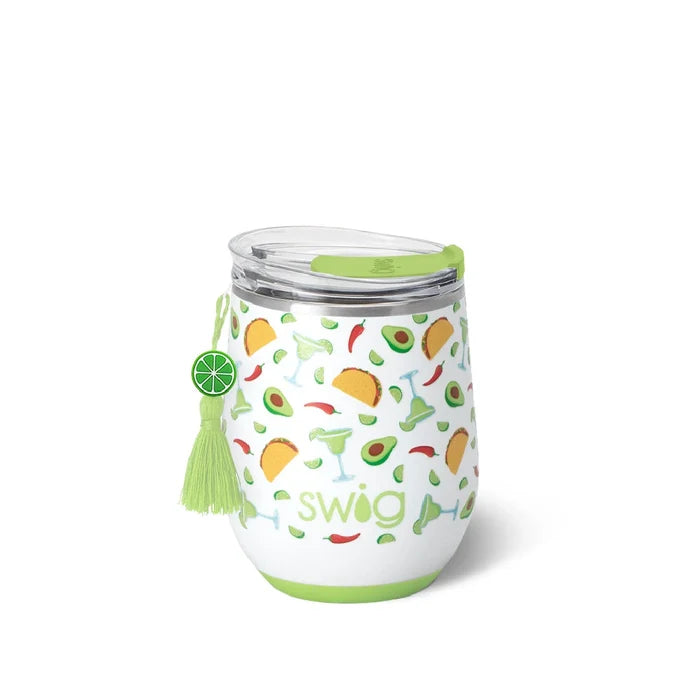 A white wine glass featuring a green lid and a green handle, elegantly designed for stylish sipping.