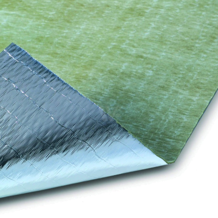 View of both sides of the Timbermate Underlay higgling the foil and material sides.