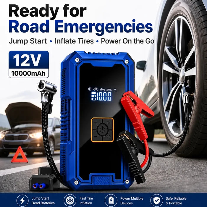 Stranded on the road?
4-in-1 Portable Jump Starter:
• Jump-start your car
• Inflate tires
• Charge devices
• Light the way