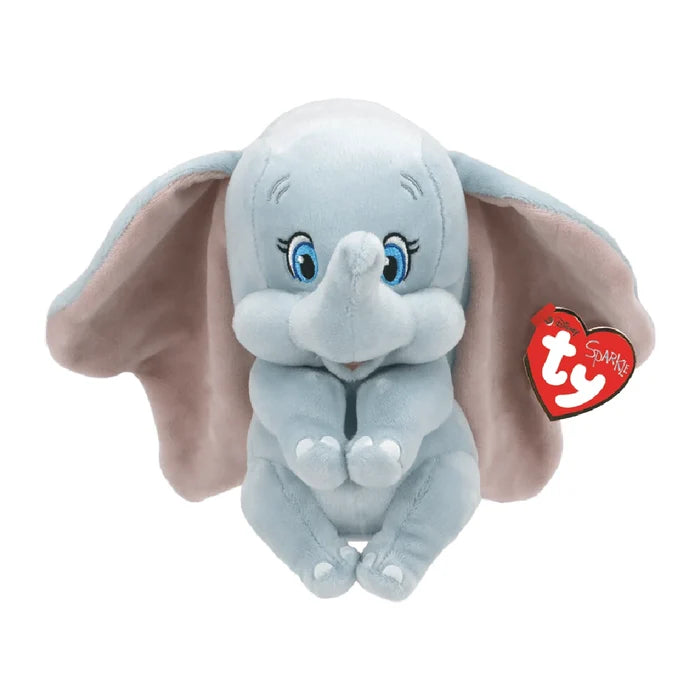 Plush Dumbo the elephant toy with a heart-shaped tag attached to its ear, showcasing its soft fabric and friendly expression.