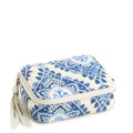 Vera Bradley Travel Pill Case in Cambridge Blues featuring eight labeled medication compartments, a secure zip closure, and an interior ID window, designed for organizing pills, vitamins, and supplements at home or while traveling.